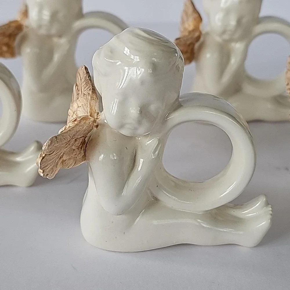 Vtg Victorian Cherub Angel Gold Wing Napkin Holder Ring‎ Set 5 Cottagecore 1925